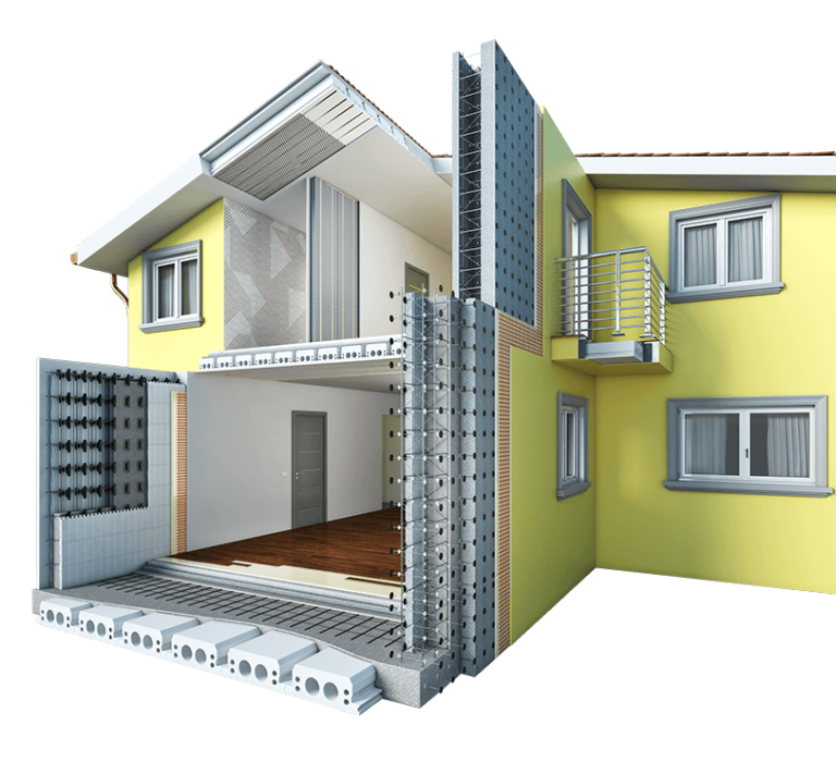 Representación de vivienda industrializada destacando resistencia estructural, aislamiento térmico, aislamiento acústico y ahorro energético