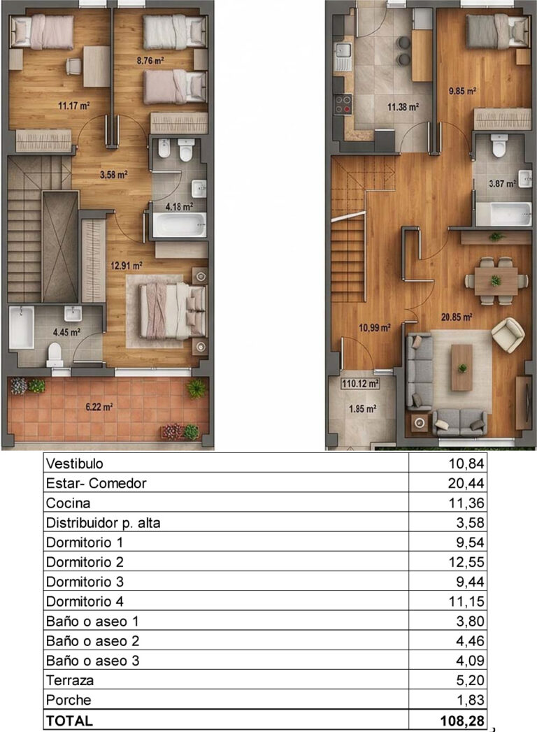 Plano completo de la Vivienda 6 de esquina de la promoción Casa Plata en Cáceres