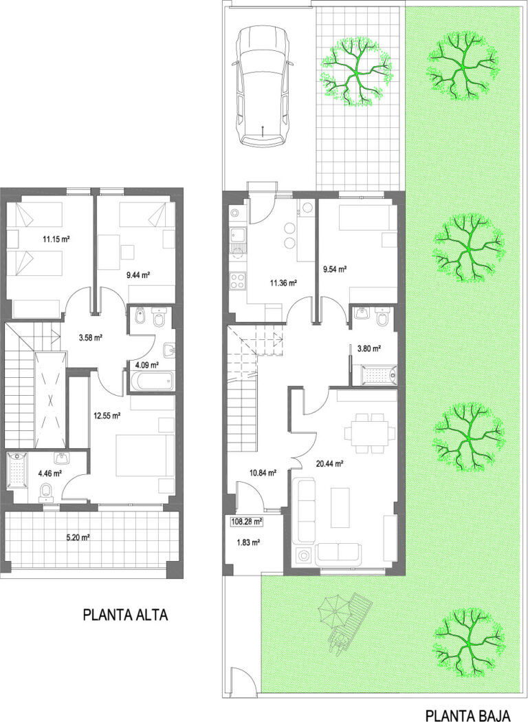 Plano completo de la Vivienda 6 de esquina de la promoción Casa Plata en Cáceres