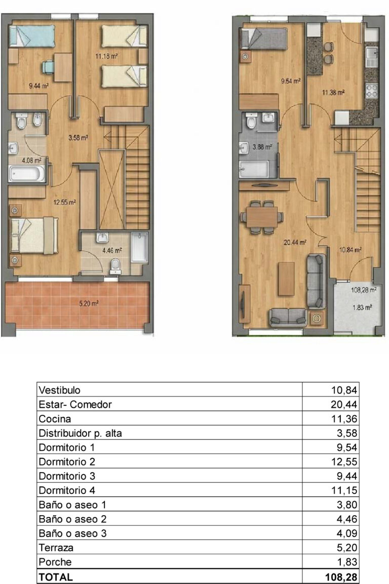 Distribución de la Vivienda 1 con planta baja y planta primera.