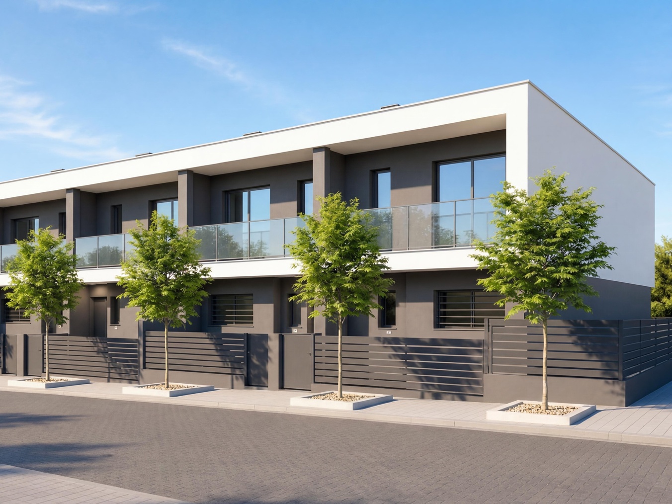 Render exterior de viviendas adosadas de 4 dormitorios con garaje privado en Casa Plata, Cáceres